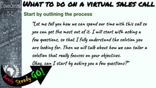 What to do on a virtual sales call
“Let me tell you how we can spend our time with this call so
you can get the most out of it. I will start with asking a
few questions, so that I fully understand the solution you
are looking for. Then we will talk about how we can tailor a
solution that really focuses on your objectives.
Okay, can I start by asking you a few questions?”
Sales Call agenda
Let me tell you how we can spend
our time with this call so you can
get the most out of it I will start with
asking a few questions, Then we
will talk about how we can Taylor a
solution that really focusses on your
objectives. Okay, can I start by
asking you a few questions.
 