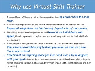 Why use Virtual Skill Trainer
• Train and learn offline and not on the production line, go prepared to the shop
   floor.
• A trainee can repeatedly use the system and practice till he/she perfects her skill.
  Repeated usage does not lead to any degradation of the system.
• The ability to revisit training scenarios and learn at an individual’s own
  speed, than in a pre-set curriculum method which may not cater to the individuals
   learning pace.
• Train on operations planned for roll-out, before the plant hardware is established.
  This ensures availability of trained personnel as soon as a new
  line is operational.
• Creation of an inspiring space for Tier I and Tier II to be aligned
  with your goals. Provide basic norms exposure (especially relevant where there is
   higher employee turnout in phases and very high impact in the Tier II scenario and Tier
   I scenario).
 