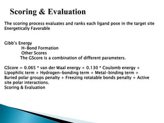 The scoring process evaluates and ranks each ligand pose in the target site
Energetically Favorable
Gibb’s Energy
H-Bond Formation
Other Scores
The GScore is a combination of different parameters.
GScore = 0.065 * van der Waal energy + 0.130 * Coulomb energy +
Lipophilic term + Hydrogen-bonding term + Metal-binding term +
Buried polar groups penalty + Freezing rotatable bonds penalty + Active
site polar interactions.
Scoring & Evaluation
Scoring & Evaluation
 