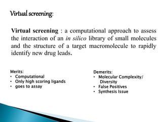 Virtual screening : a computational approach to assess
the interaction of an in silico library of small molecules
and the structure of a target macromolecule to rapidly
identify new drug leads.
Virtual screening:
Merits:
• Computational
• Only high scoring ligands
• goes to assay
Demerits:
• Molecular Complexity/
Diversity
• False Positives
• Synthesis Issue
 