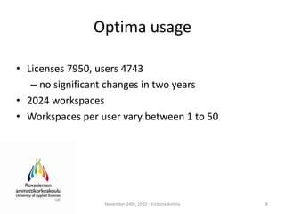 OptimausageLicenses 7950, users 4743no significantchanges in twoyears2024 workspacesWorkspaces per uservarybetween 1 to 50November 24th, 2010 - Kristiina Anttila8