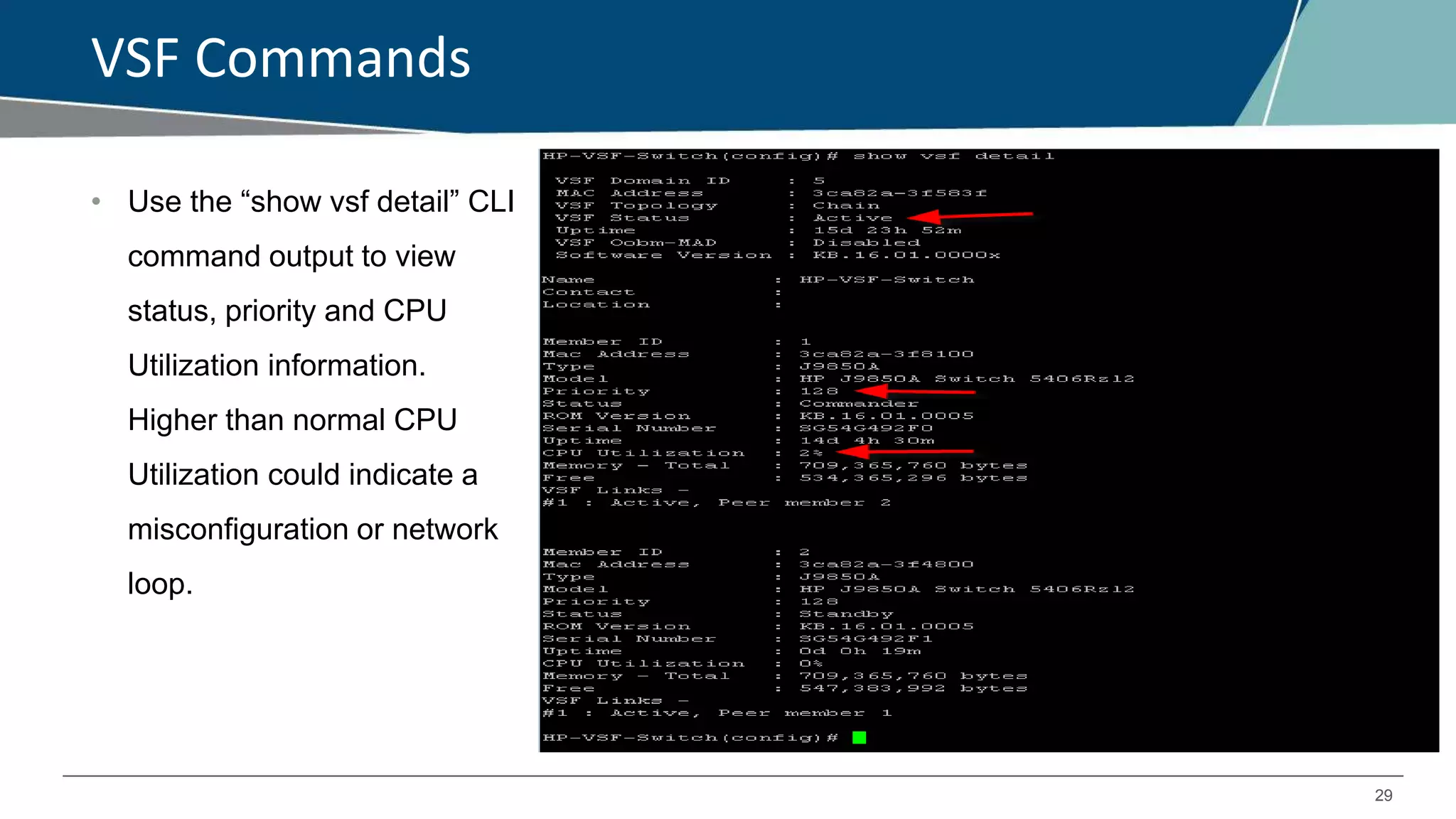 29
VSF Commands
• Use the “show vsf detail” CLI
command output to view
status, priority and CPU
Utilization information.
Higher than normal CPU
Utilization could indicate a
misconfiguration or network
loop.
 