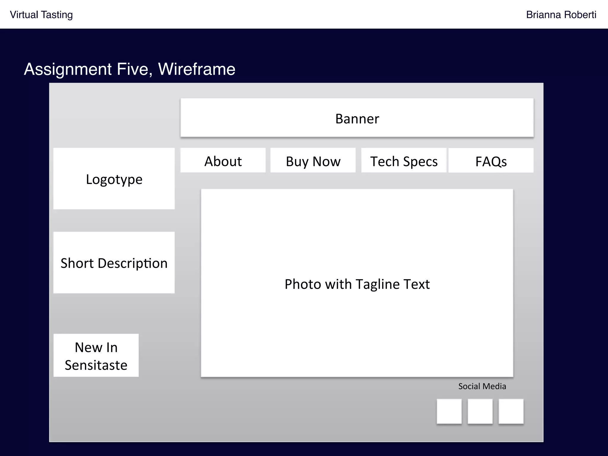  
Logotype	
  
e	
  
	
  
Short	
  Descrip(on	
  
e	
  
About	
   Buy	
  Now	
   Tech	
  Specs	
   FAQs	
  
New	
  In	
  
Sensitaste	
  
Social	
  Media	
  
Assignment Five, Wireframe!
Virtual Tasting Brianna Roberti !
Photo	
  with	
  Tagline	
  Text	
  
Banner	
  
 