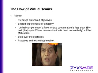 The How of Virtual Teams
●

Primer
–

Premised on shared objectives

–

Shared experiences for empathy

–

“Verbal component of a face-to-face conversation is less than 35%
and (that) over 65% of communication is done non-verbally” – Albert
Mehrabian

–

Step over the obstacles

–

Practices and technology enable

 