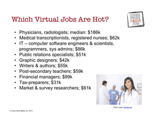 Which Virtual Jobs Are Hot? 
• Physicians, radiologists; median: $186k 
• Medical transcriptionists, registered nurses; $6...