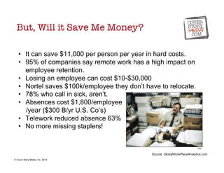 • It can save $11,000 per person per year in hard costs. 
• 95% of companies say remote work has a high impact on 
employe...