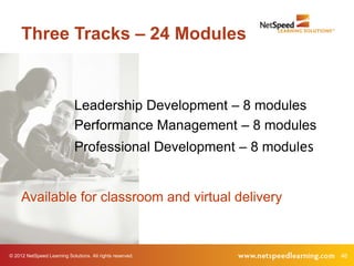 Three Tracks – 24 Modules


                             Leadership Development – 8 modules
                             Performance Management – 8 modules
                             Professional Development – 8 modules


     Available for classroom and virtual delivery



© 2012 NetSpeed Learning Solutions. All rights reserved.            46
 