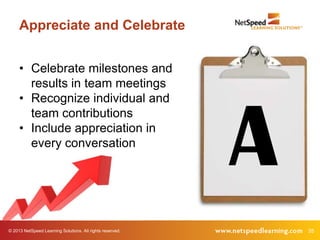 © 2013 NetSpeed Learning Solutions. All rights reserved. 35
Appreciate and Celebrate
A
• Celebrate milestones and
results in team meetings
• Recognize individual and
team contributions
• Include appreciation in
every conversation
 
