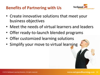 50© 2014 NetSpeed Learning Solutions. All rights reserved.
• Create innovative solutions that meet your
business objectives
• Meet the needs of virtual learners and leaders
• Offer ready-to-launch blended programs
• Offer customized learning solutions
• Simplify your move to virtual learning
Benefits of Partnering with Us
 
