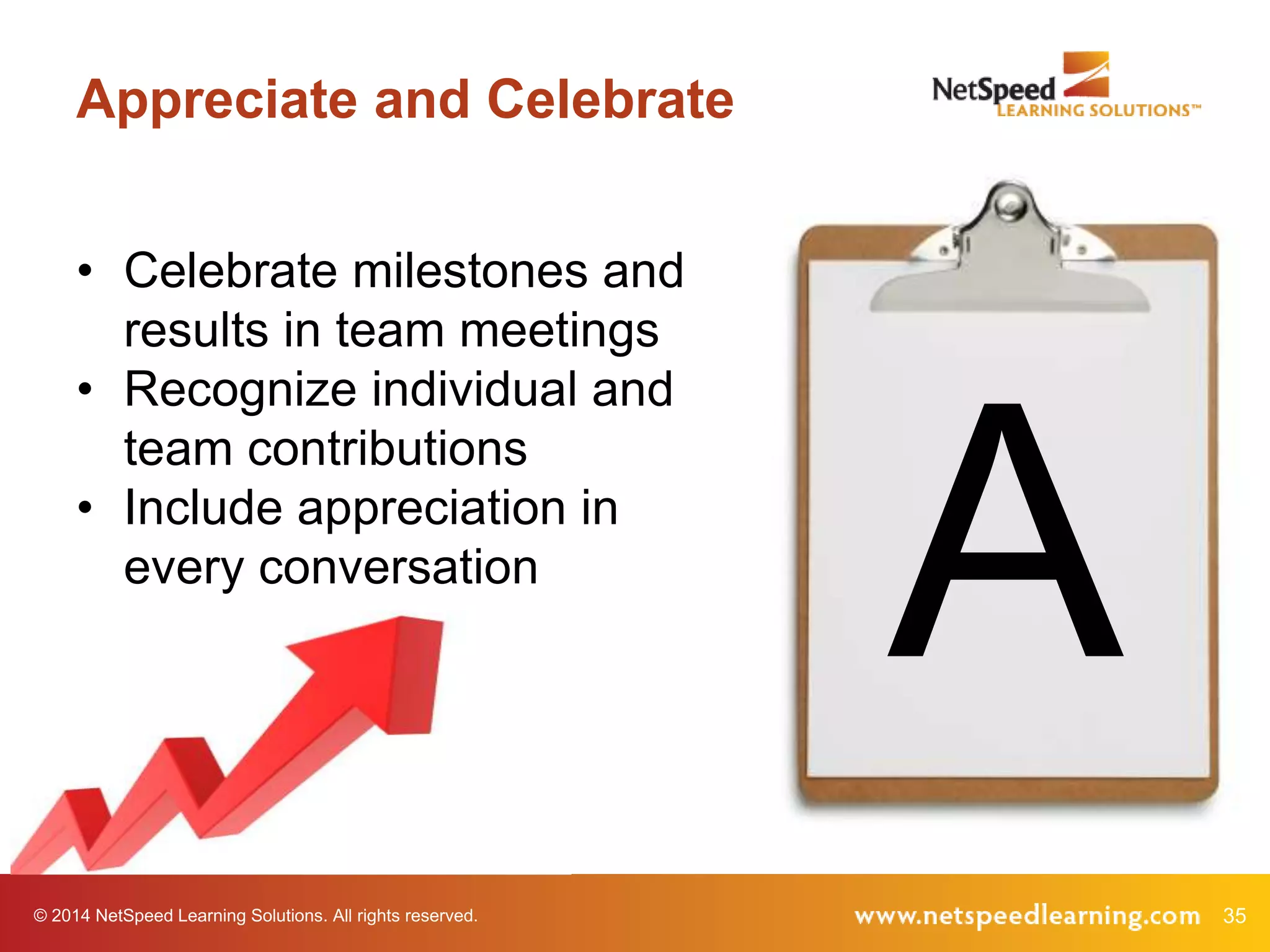 © 2014 NetSpeed Learning Solutions. All rights reserved. 35
Appreciate and Celebrate
A
• Celebrate milestones and
results in team meetings
• Recognize individual and
team contributions
• Include appreciation in
every conversation
 
