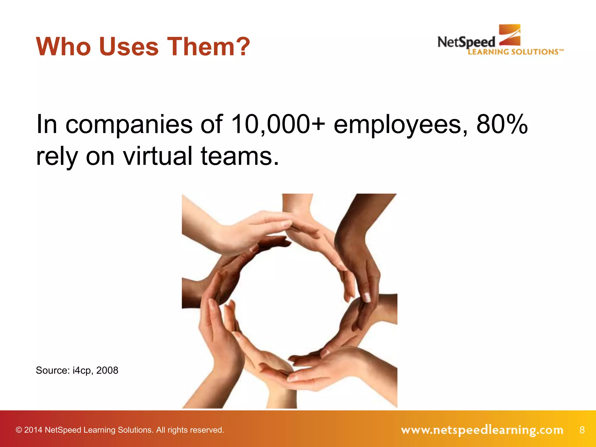 © 2014 NetSpeed Learning Solutions. All rights reserved. 8
Who Uses Them?
In companies of 10,000+ employees, 80%
rely on virtual teams.
Source: i4cp, 2008
 