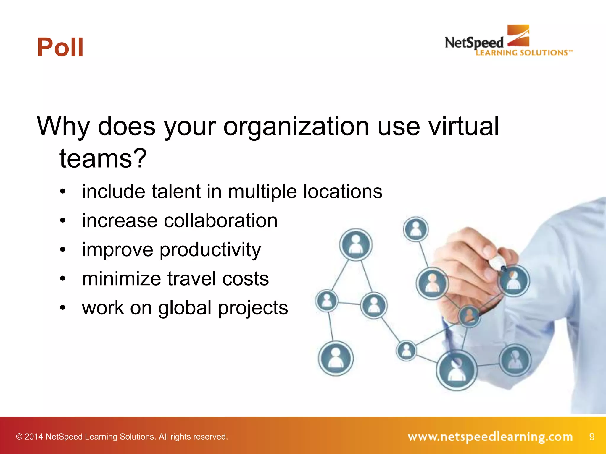 © 2014 NetSpeed Learning Solutions. All rights reserved. 9
Poll
Why does your organization use virtual
teams?
• include talent in multiple locations
• increase collaboration
• improve productivity
• minimize travel costs
• work on global projects
 