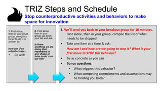 2. First alone,
then in your
group, go down
your list and ask:
Is there
anything we are
doing that
resembles in
any shape or
form to-do’s on
our list?
3. We’ll send you back to your breakout group for 10 minutes.
First alone, then in your group, compile the list of what
needs to be stopped.
• Take one item at a time & ask:
How am I and how are we going to stop it? What is your
first move to STOP this behavior?
• Be as concrete as you can
• Bonus questions:
• What triggers this behavior?
• What competing commitments and assumptions may
be holding you back?
TRIZ Steps and Schedule
Stop counterproductive activities and behaviors to make
space for innovation
1. First alone,
then in your small
group, compile a
list of to-do’s in
answer to:
How can I/we
reliably create…
• Go wild!
 