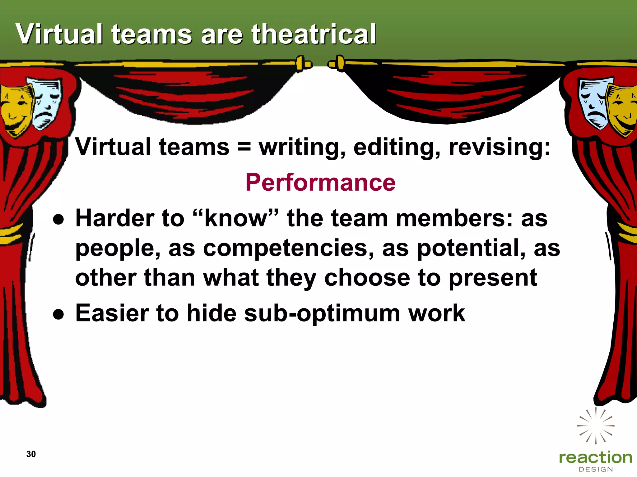 Virtual teams are theatrical


     ● Virtual teams = writing, editing, revising:
                      Performance
     ● Harder to “know” the team members: as
       people, as competencies, as potential, as
       other than what they choose to present
     ● Easier to hide sub-optimum work




30
 
