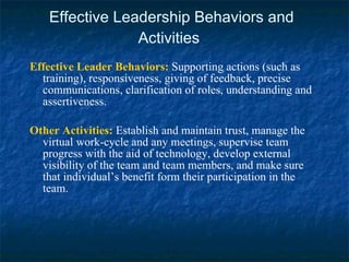 Effective Leadership Behaviors and Activities   <ul><li>Effective Leader Behaviors:  Supporting actions (such as training)...