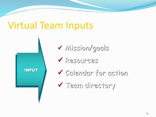 Virtual Team Inputs
14
INPUT
 Mission/goals
 Resources
 Calendar for action
 Team directory
 