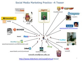 Social Media Marketing Practice –A Teaser  GreatMystery14 Suresh S. soody soody www.facebook.com/sureshsood ssood Hero5! twitter.com/soody www.bravenewtalent.com/talent/suresh_sood www.linkedin.com/in/sureshsood scuzzy55 GeektoidMangala suresh.sood@uts.edu.au http://www.slideshare.net/ssood/virtual-teaser 1 