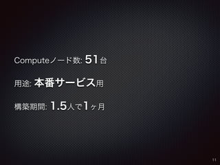 Computeノード数: 51台 
用途: 本番サービス用 
構築期間: 1.5人で1ヶ月 
11 
 