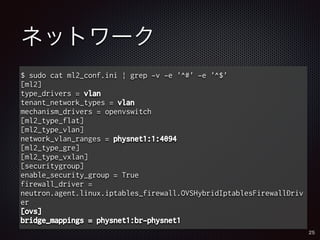 ネットワーク 
$ sudo cat ml2_conf.ini | grep -v -e '^#' -e '^$' 
[ml2] 
type_drivers = vlan 
tenant_network_types = vlan 
mechanism_drivers = openvswitch 
[ml2_type_flat] 
[ml2_type_vlan] 
network_vlan_ranges = physnet1:1:4094 
[ml2_type_gre] 
[ml2_type_vxlan] 
[securitygroup] 
enable_security_group = True 
firewall_driver = 
neutron.agent.linux.iptables_firewall.OVSHybridIptablesFirewallDriv 
er 
[ovs] 
bridge_mappings = physnet1:br-physnet1 
25 
 