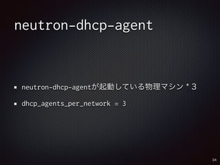 neutron-dhcp-agent 
neutron-dhcp-agentが起動している物理マシン * 3 
dhcp_agents_per_network = 3 
34 
 