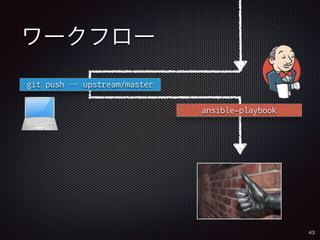 ワークフロー 
43 
git push … upstream/master 
ansible-playbook 
 