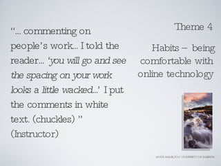 <ul><li>“ ... commenting on people’s work... I told the reader...  ‘you will go and see the spacing on your work looks a l...