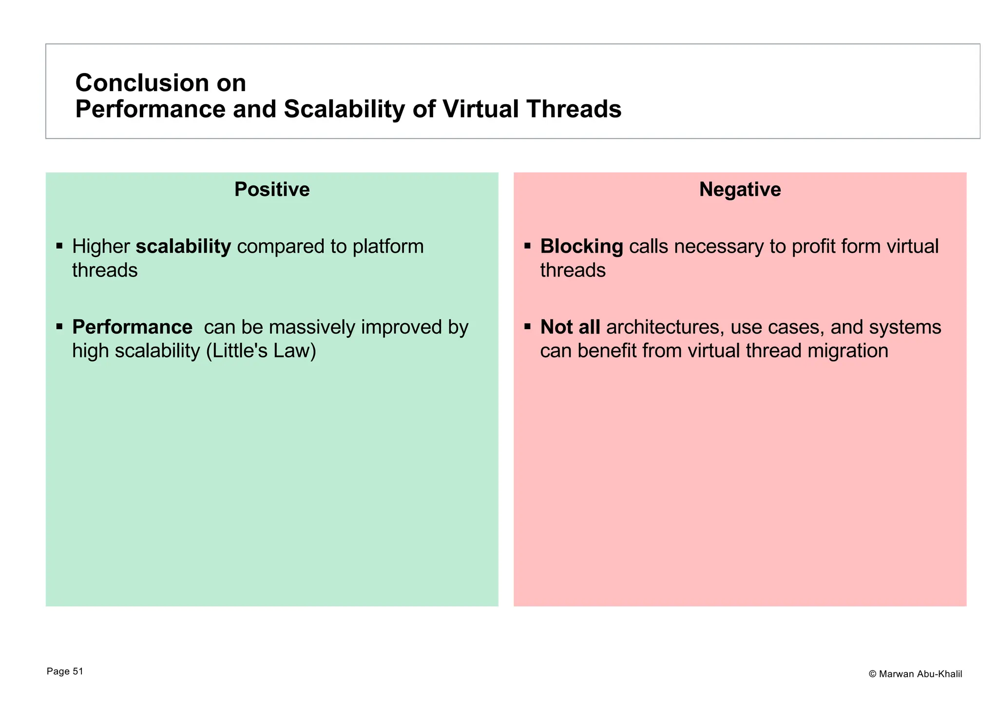 © Marwan Abu-Khalil Positive § Higher scalability compared to platform threads § Performance can be massively improved by high scalability (Little's Law) Conclusion on Performance and Scalability of Virtual Threads Page 51 Negative § Blocking calls necessary to profit form virtual threads § Not all architectures, use cases, and systems can benefit from virtual thread migration 
