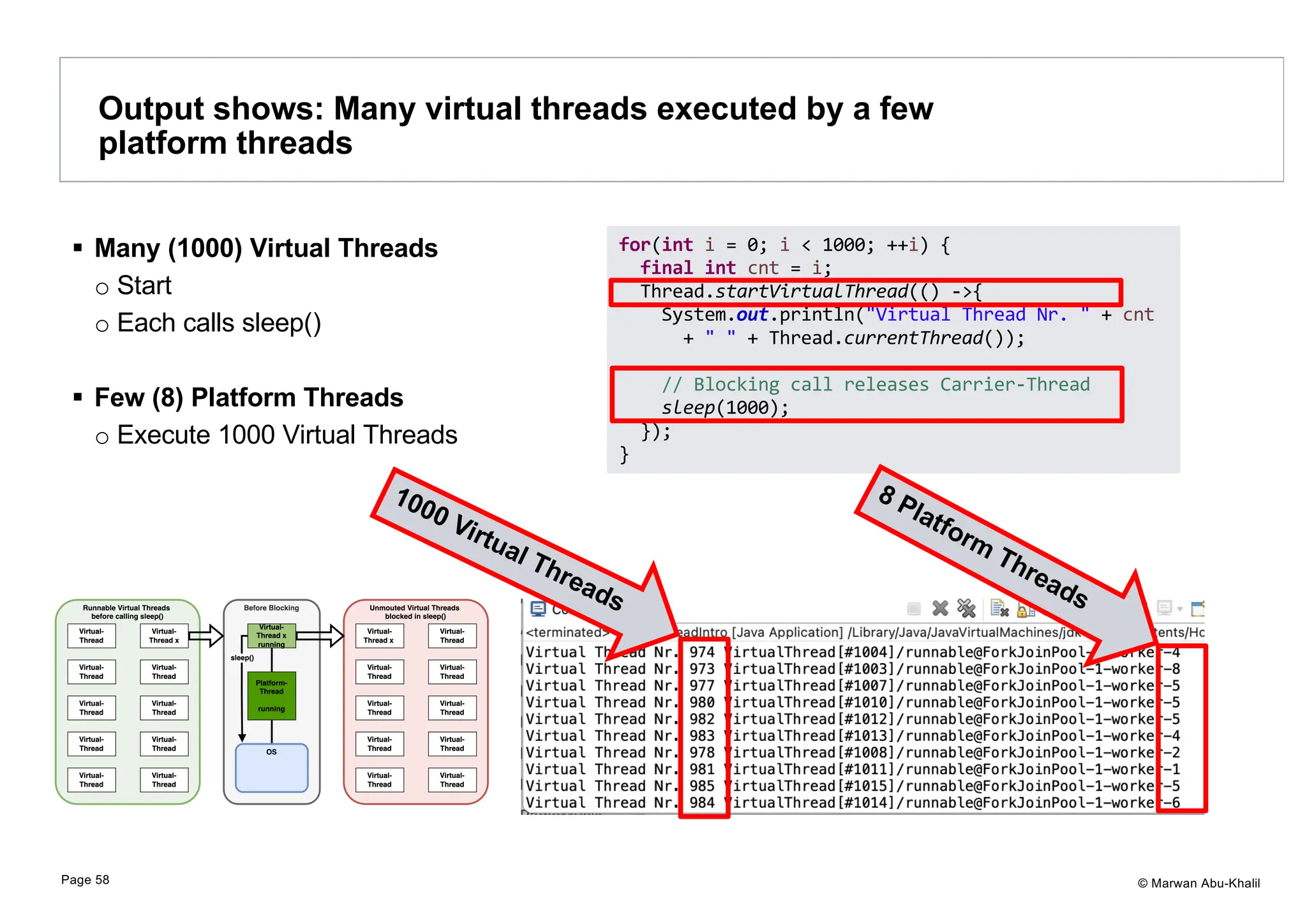 © Marwan Abu-Khalil § Many (1000) Virtual Threads o Start o Each calls sleep() § Few (8) Platform Threads o Execute 1000 Virtual Threads Output shows: Many virtual threads executed by a few platform threads Page 58 for(int i = 0; i < 1000; ++i) { final int cnt = i; Thread.startVirtualThread(() ->{ System.out.println("Virtual Thread Nr. " + cnt + " " + Thread.currentThread()); // Blocking call releases Carrier-Thread sleep(1000); }); } 1000 Virtual Threads 8 Platform Threads 