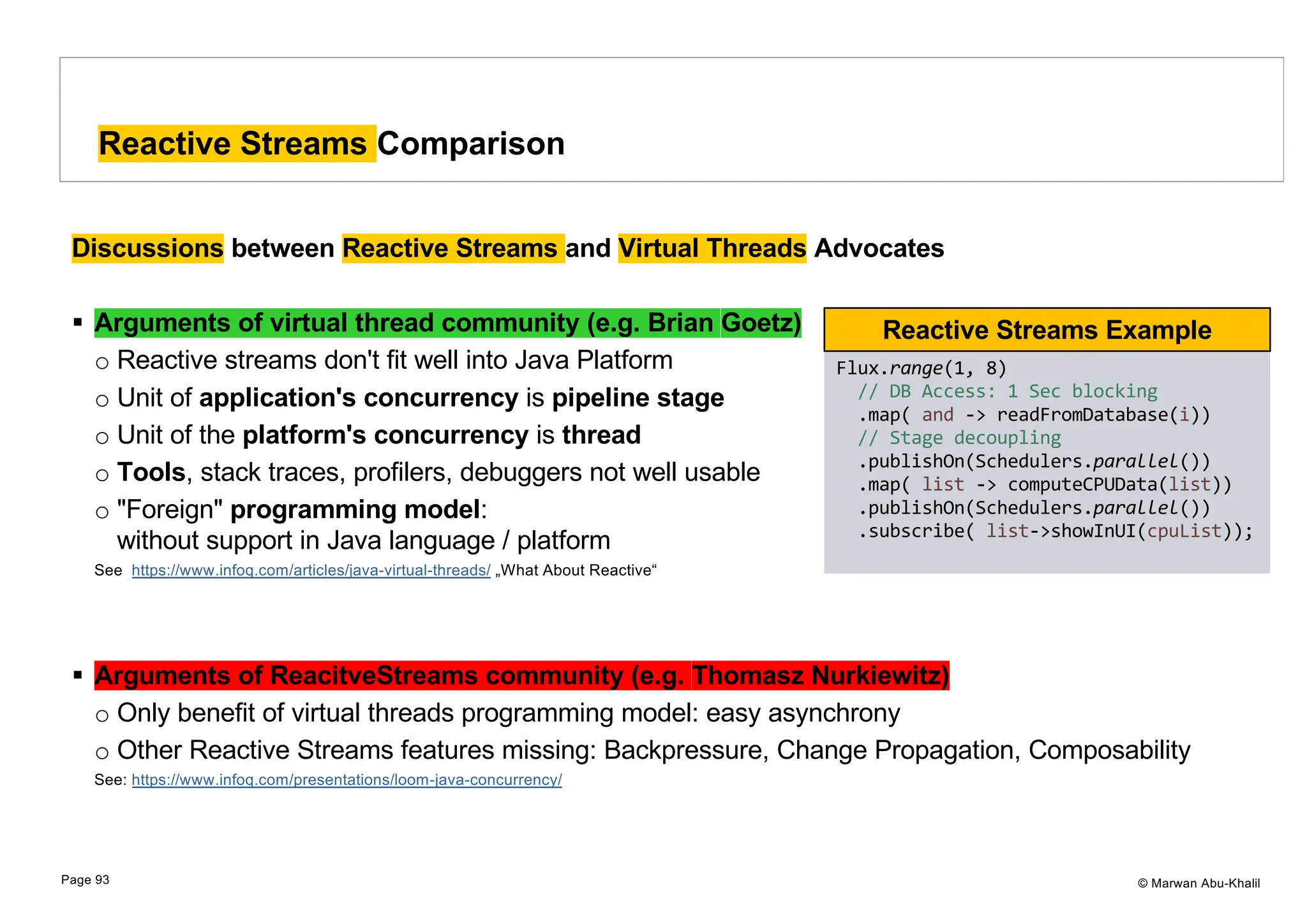 © Marwan Abu-Khalil Discussions between Reactive Streams and Virtual Threads Advocates § Arguments of virtual thread community (e.g. Brian Goetz) o Reactive streams don't fit well into Java Platform o Unit of application's concurrency is pipeline stage o Unit of the platform's concurrency is thread o Tools, stack traces, profilers, debuggers not well usable o "Foreign" programming model: without support in Java language / platform See https://www.infoq.com/articles/java-virtual-threads/ „What About Reactive“ § Arguments of ReacitveStreams community (e.g. Thomasz Nurkiewitz) o Only benefit of virtual threads programming model: easy asynchrony o Other Reactive Streams features missing: Backpressure, Change Propagation, Composability See: https://www.infoq.com/presentations/loom-java-concurrency/ Reactive Streams Comparison Page 93 Flux.range(1, 8) // DB Access: 1 Sec blocking .map( and -> readFromDatabase(i)) // Stage decoupling .publishOn(Schedulers.parallel()) .map( list -> computeCPUData(list)) .publishOn(Schedulers.parallel()) .subscribe( list->showInUI(cpuList)); Reactive Streams Example 