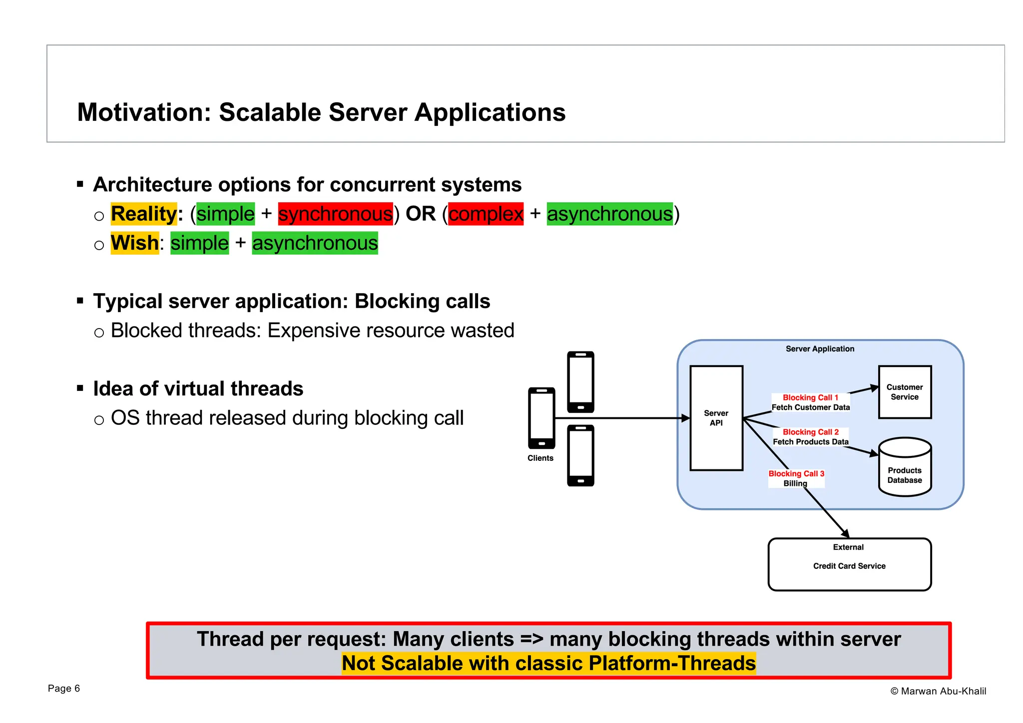 © Marwan Abu-Khalil § Architecture options for concurrent systems o Reality: (simple + synchronous) OR (complex + asynchronous) o Wish: simple + asynchronous § Typical server application: Blocking calls o Blocked threads: Expensive resource wasted § Idea of virtual threads o OS thread released during blocking call Motivation: Scalable Server Applications Page 6 Thread per request: Many clients => many blocking threads within server Not Scalable with classic Platform-Threads 