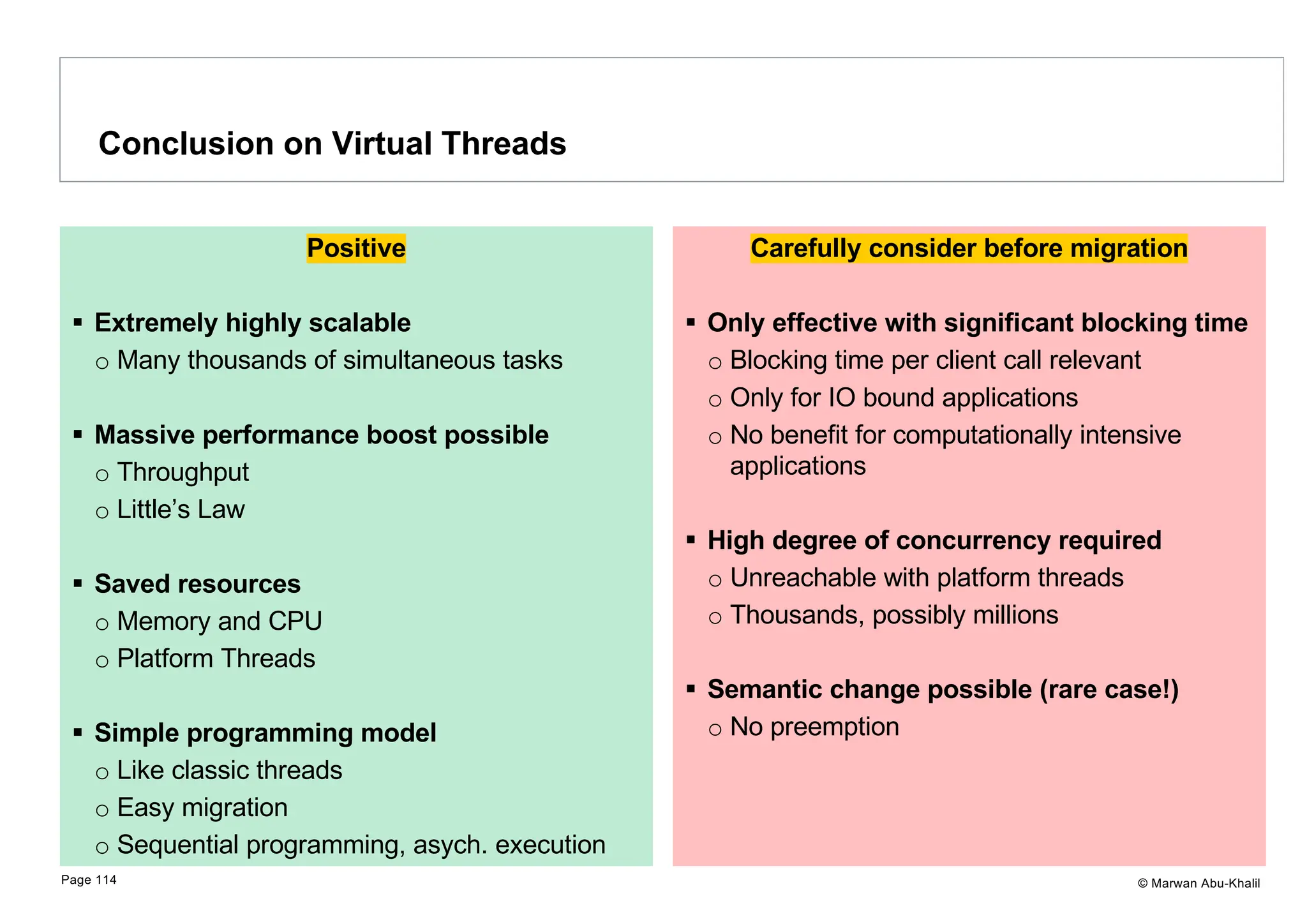 © Marwan Abu-Khalil Conclusion on Virtual Threads Page 114 Positive § Extremely highly scalable o Many thousands of simultaneous tasks § Massive performance boost possible o Throughput o Little’s Law § Saved resources o Memory and CPU o Platform Threads § Simple programming model o Like classic threads o Easy migration o Sequential programming, asych. execution Carefully consider before migration § Only effective with significant blocking time o Blocking time per client call relevant o Only for IO bound applications o No benefit for computationally intensive applications § High degree of concurrency required o Unreachable with platform threads o Thousands, possibly millions § Semantic change possible (rare case!) o No preemption 