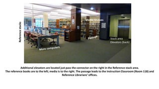 Additional elevators are located just pass the connector on the right in the Reference stack area.
The reference books are to the left; media is to the right. The passage leads to the Instruction Classroom (Room 118) and
Reference Librarians’ offices.
Media Shelves
Stack area
Elevators (back)
Referencestacks
 