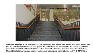 The easiest way to get to the third floor is to take the elevator from the first floor reference stack area. Or you may
take the central stairs to the second floor, go past the double doors and make a right in the hallway to get to the
stairs that lead to the third floor. The third floor has stacks PM-Z, Oversized Collection, Connecticut Collection,
Theses/Dissertations, group study rooms, reading areas, Teaching and Learning Center, and FYE & FSSP Offices.
Stairs to the third floor
Second Floor
 