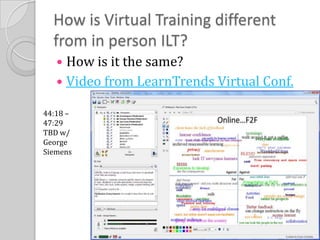 How is Virtual Training different from in person ILT?How is it the same?Video from LearnTrends Virtual Conf.44:18 – 47:29TBD w/GeorgeSiemens