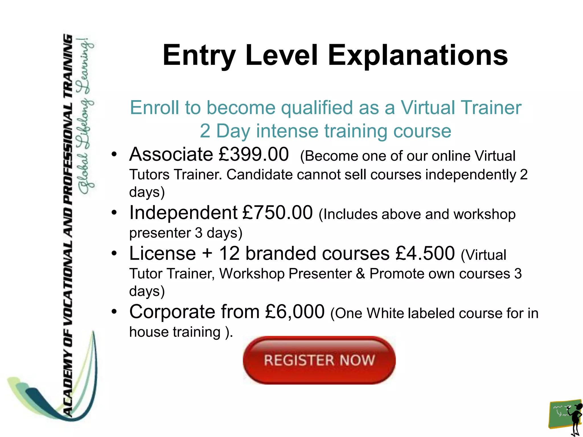 Entry Level Explanations
  Enroll to become qualified as a Virtual Trainer
           2 Day intense training course
• Associate £399.00 (Become one of our online Virtual
  Tutors Trainer. Candidate cannot sell courses independently 2
  days)
• Independent £750.00 (Includes above and workshop
  presenter 3 days)
• License + 12 branded courses £4.500 (Virtual
  Tutor Trainer, Workshop Presenter & Promote own courses 3
  days)
• Corporate from £6,000 (One White labeled course for in
  house training ).
 