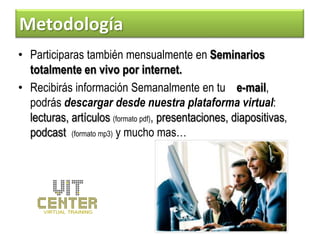 Metodología
• Participaras también mensualmente en Seminarios
  totalmente en vivo por internet.
• Recibirás información Semanalmente en tu e-mail,
  podrás descargar desde nuestra plataforma virtual:
  lecturas, artículos (formato pdf), presentaciones, diapositivas,
  podcast (formato mp3) y mucho mas…
 