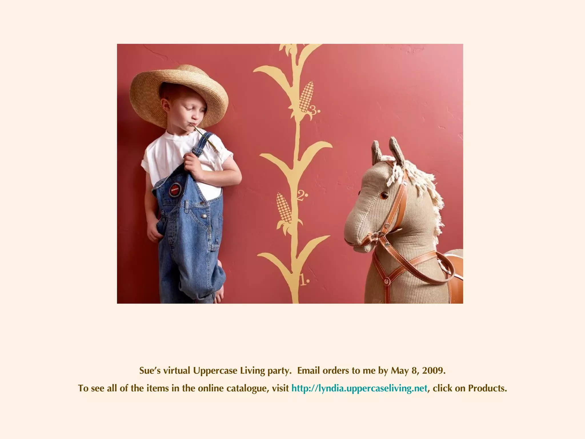 Sue’s virtual Uppercase Living party.  Email orders to me by May 8, 2009. To see all of the items in the online catalogue, visit  http://lyndia.uppercaseliving.net , click on Products. 