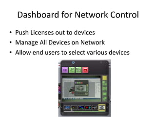 Dashboard for Network Control
• Push Licenses out to devices
• Manage All Devices on Network
• Allow end users to select various devices

 