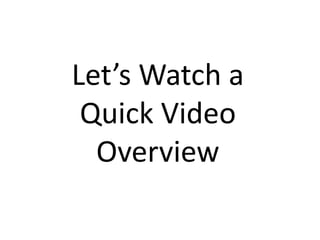 Let’s Watch a
Quick Video
Overview

 
