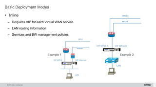 © 2015 Citrix | Confidential
• Inline
– Requires VIP for each Virtual WAN service
– LAN routing information
– Services and BW management policies
Basic Deployment Modes
Example 1 Example 2
 