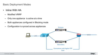 © 2015 Citrix | Confidential
Basic Deployment Modes
• Inline With HA
– Modified VRRP
– Only one appliance is active at a time
– Both appliances configured in Blocking mode
– Configuration is synced across appliances
 