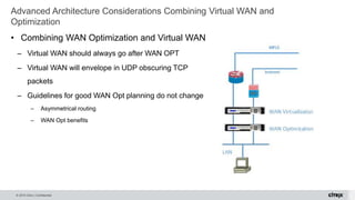 © 2015 Citrix | Confidential
Advanced Architecture Considerations Combining Virtual WAN and
Optimization
• Combining WAN Optimization and Virtual WAN
– Virtual WAN should always go after WAN OPT
– Virtual WAN will envelope in UDP obscuring TCP
packets
– Guidelines for good WAN Opt planning do not change
– Asymmetrical routing
– WAN Opt benefits
 