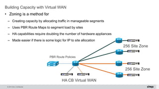 © 2015 Citrix | Confidential
Building Capacity with Virtual WAN
• Zoning is a method for
– Creating capacity by allocating traffic in manageable segments
– Uses PBR Route Maps to segment load by sites
– HA capabilities require doubling the number of hardware appliances
– Made easier if there is some logic for IP to site allocation
256 Site Zone
256 Site Zone
PBR Route Policies
HA CB Virtual WAN
 