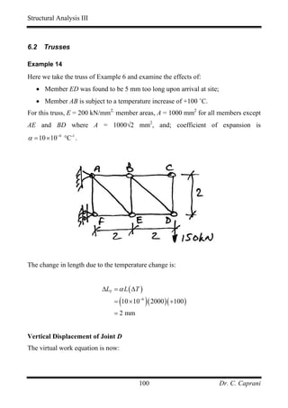 Structural Analysis III



6.2   Trusses

Example 14

Here we take the truss of Example 6 and examine the effects of:
   • Member ED was found to be 5 mm too long upon arrival at site;
   • Member AB is subject to a temperature increase of +100 ˚C.
For this truss, E = 200 kN/mm2; member areas, A = 1000 mm2 for all members except
AE and BD where A = 1000√2 mm2, and; coefficient of expansion is
α = 10 × 10−6 °C-1 .




The change in length due to the temperature change is:


                           ∆LT = α L ( ∆T )
                               = (10 × 10−6 ) ( 2000 )( +100 )
                               = 2 mm


Vertical Displacement of Joint D
The virtual work equation is now:




                                         100                         Dr. C. Caprani
 