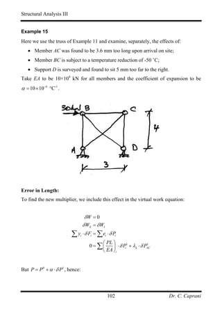 Structural Analysis III


Example 15

Here we use the truss of Example 11 and examine, separately, the effects of:
   • Member AC was found to be 3.6 mm too long upon arrival on site;
   • Member BC is subject to a temperature reduction of -50 ˚C;
   • Support D is surveyed and found to sit 5 mm too far to the right.
Take EA to be 10×104 kN for all members and the coefficient of expansion to be
α = 10 × 10−6 °C-1 .




Error in Length:
To find the new multiplier, we include this effect in the virtual work equation:


                                   δW = 0
                                  δ WE = δ WI
                          ∑ y ⋅δ F = ∑e ⋅δ P
                              i      i          i     i

                                          ⎛ PL ⎞
                                     0 = ∑⎜    ⎟ ⋅ δ Pi + λL ⋅ δ PAC
                                                       1          1

                                          ⎝ EA ⎠i


But P = P 0 + α ⋅ δ P1 , hence:




                                                    102                 Dr. C. Caprani
 