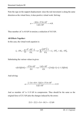 Structural Analysis III


Note the sign on the support displacement: since the real movement is along the same
direction as the virtual force, it does positive virtual work. Solving:


                                        −3EA + 37.8 × 104
                                     α=                   = +4.8
                                           1.62 × 104


Thus member AC is 4.8 kN in tension; a reduction of 18.5 kN.


All Effects Together:
In this case, the virtual work equation is:



          λS ⋅ δ H D = ∑
                               P ⋅ δ Pi ⋅ Li
                                0       1
                                             +α ⋅∑
                                                     (δ P )
                                                          i
                                                              1 2
                                                                    Li
                                                                         + λL ⋅ δ PAC + ∆LT ⋅ δ PBC
                                                                                   1             1

                                   EAi                    EAi


Substituting the various values in gives:


                               −37.8 × 104      1.62 × 104
          + ( 0.5 )( 0.6 ) =               +α ⋅            + ( 3.6 )( +1) + ( −1.5 )( 0.6 )
                                  EA               EA


And solving:



                         α=
                            ( −3.6 + 0.9 − 3) EA + 37.8 × 104 = −11.9
                                             1.62 × 104


And so member AC is 11.9 kN in compression. Thus should be the same as the
original force of 23.3 kN plus the changes induced by the errors:


                                    23.3 − 22.2 + 5.4 − 18.5 = −12 kN


                                                  105                                       Dr. C. Caprani
 