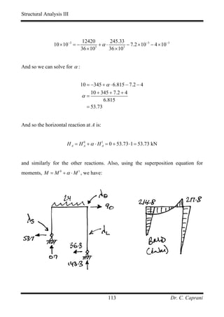 Structural Analysis III




                                12420         245.33
               10 × 10−3 = −             +α ⋅           − 7.2 × 10−3 − 4 × 10−3
                               36 × 10 3
                                              36 × 10 3




And so we can solve for α :


                               10 = −345 + α ⋅ 6.815 − 7.2 − 4
                                    10 + 345 + 7.2 + 4
                                α=
                                          6.815
                                  = 53.73


And so the horizontal reaction at A is:


                      H A = H A + α ⋅ H 1 = 0 + 53.73 ⋅ 1 = 53.73 kN
                              0
                                        A




and similarly for the other reactions. Also, using the superposition equation for
moments, M = M 0 + α ⋅ M 1 , we have:




                                             113                                  Dr. C. Caprani
 