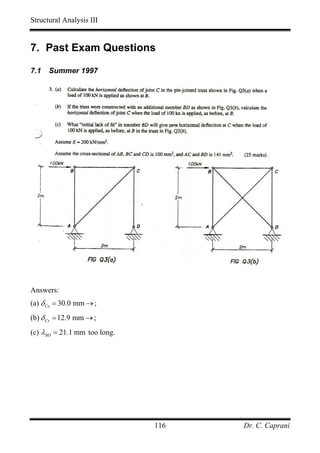 Structural Analysis III


7. Past Exam Questions

7.1   Summer 1997




Answers:
(a) δ Cx = 30.0 mm → ;
(b) δ Cx = 12.9 mm → ;
(c) λBD = 21.1 mm too long.




                              116   Dr. C. Caprani
 
