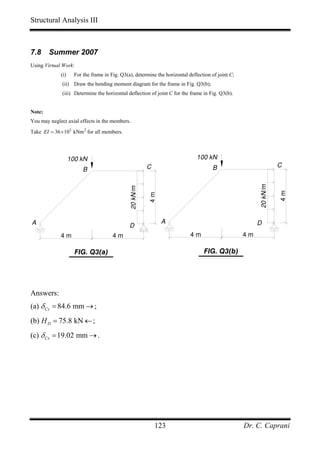 Structural Analysis III



7.8     Summer 2007
Using Virtual Work:
             (i)     For the frame in Fig. Q3(a), determine the horizontal deflection of joint C;
              (ii) Draw the bending moment diagram for the frame in Fig. Q3(b);
              (iii) Determine the horizontal deflection of joint C for the frame in Fig. Q3(b).


Note:
You may neglect axial effects in the members.
Take EI = 36 × 103 kNm 2 for all members.




                   100 kN                                                      100 kN
                                                         C                            B                            C
                         B




                                                                                                         20 kN/m
                                               20 kN/m




                                                                                                                   4m
                                                         4m




A                                                             A                                          D
                                               D
             4m                        4m                                   4m                      4m

                      FIG. Q3(a)                                                  FIG. Q3(b)




Answers:
(a) δ Cx = 84.6 mm → ;
(b) H D = 75.8 kN ← ;
(c) δ Cx = 19.02 mm → .




                                                             123                                    Dr. C. Caprani
 
