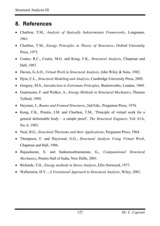 Structural Analysis III


8. References
• Charlton, T.M., Analysis of Statically Indeterminate Frameworks, Longmans,
   1961.
• Charlton, T.M., Energy Principles in Theory of Structures, Oxford University
   Press, 1973.
• Coates, R.C., Coutie, M.G. and Kong, F.K., Structural Analysis, Chapman and
   Hall, 1987.
• Davies, G.A.O., Virtual Work in Structural Analysis, John Wiley & Sons, 1982.
• Dym, C.L., Structural Modeling and Analysis, Cambridge University Press, 2005.
• Gregory, M.S., Introduction to Extremum Principles, Butterworths, London, 1969.
• Guarracino, F. and Walker, A., Energy Methods in Structural Mechanics, Thomas
   Telford, 1999.
• Heyman, J., Beams and Framed Structures, 2nd Edn., Pergamon Press, 1974.
• Kong, F.K., Prentis, J.M. and Charlton, T.M., ‘Principle of virtual work for a
   general deformable body – a simple proof’, The Structural Engineer, Vol. 61A,
   No. 6, 1983.
• Neal, B.G., Structural Theorems and their Applications, Pergamon Press, 1964.
• Thompson, F. and Haywood, G.G., Structural Analysis Using Virtual Work,
   Chapman and Hall, 1986.
• Rajasekaran, S. and Sankarasubramanian, G., Computational Structural
   Mechanics, Prentis Hall of India, New Delhi, 2001.
• Richards, T.H., Energy methods in Stress Analysis, Ellis Horwood, 1977.
• Wallerstein, D.V. , A Variational Approach to Structural Analysis, Wiley, 2001.




                                       127                          Dr. C. Caprani
 